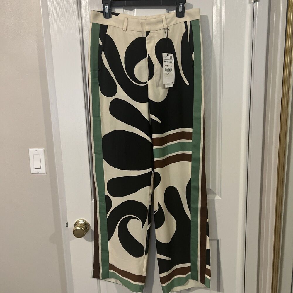 NWT Zara Women's Size M Abstract Print Wide Leg Trousers Green Black Cream